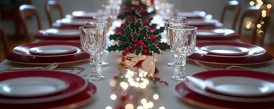 Dinner table with red and white dinnerware, crystal glasses and holly centerpiece.