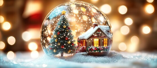 Ornate snow globe containing a miniature festive tree and falling snow.