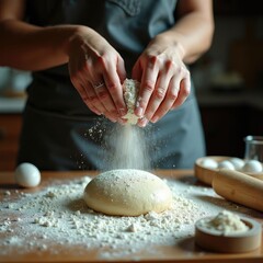 Woman baker sprinkling flour on bread dough while kneading in kitchen