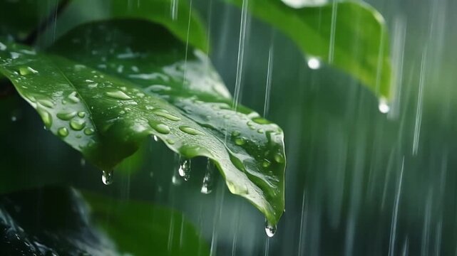 Timelapse of raindrops falling on green leaves, water collecting and dripping off