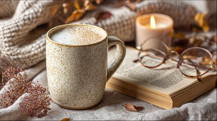 Fototapeta premium Cozy autumn vibes: A warm drink, a good book, and a lit candle create a relaxing atmosphere. Perfect for a peaceful afternoon. Fall season is here.