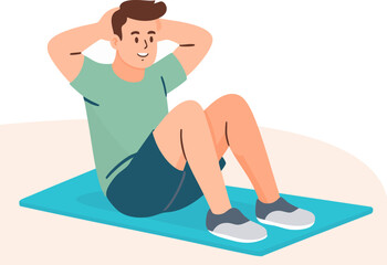 Young man exercising his abs, doing crunches on a yoga mat, promoting a healthy lifestyle