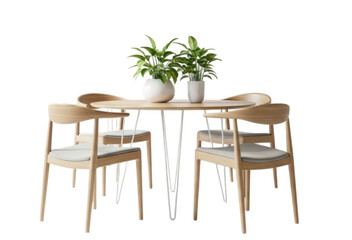 A Modern Wooden Dining Table and Chairs with Plants Isolated PNG