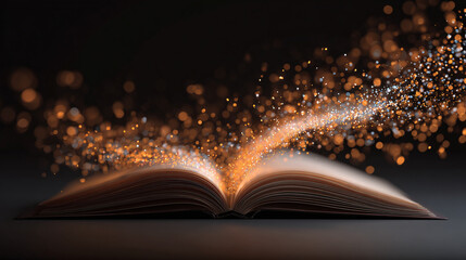 A book is open with a bright light emitting from its pages, symbolizing knowledge, imagination, and the power of storytelling.