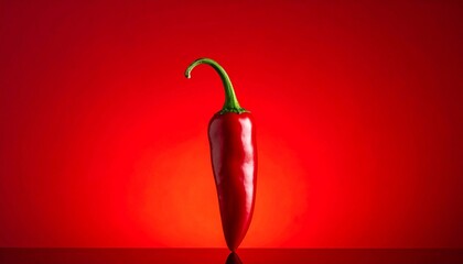 Single red chili pepper with green stem stands upright on red gradient background—glossy surface and minimalist setup evoke heat, intensity, and bold culinary symbolism.