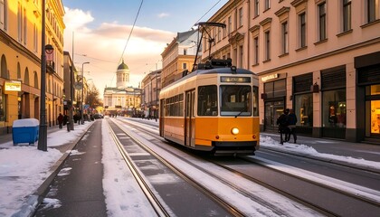 Fototapeta premium A vibrant city street scene in winter, showcasing a yellow tram traversing a snowy avenue lined with buildings.