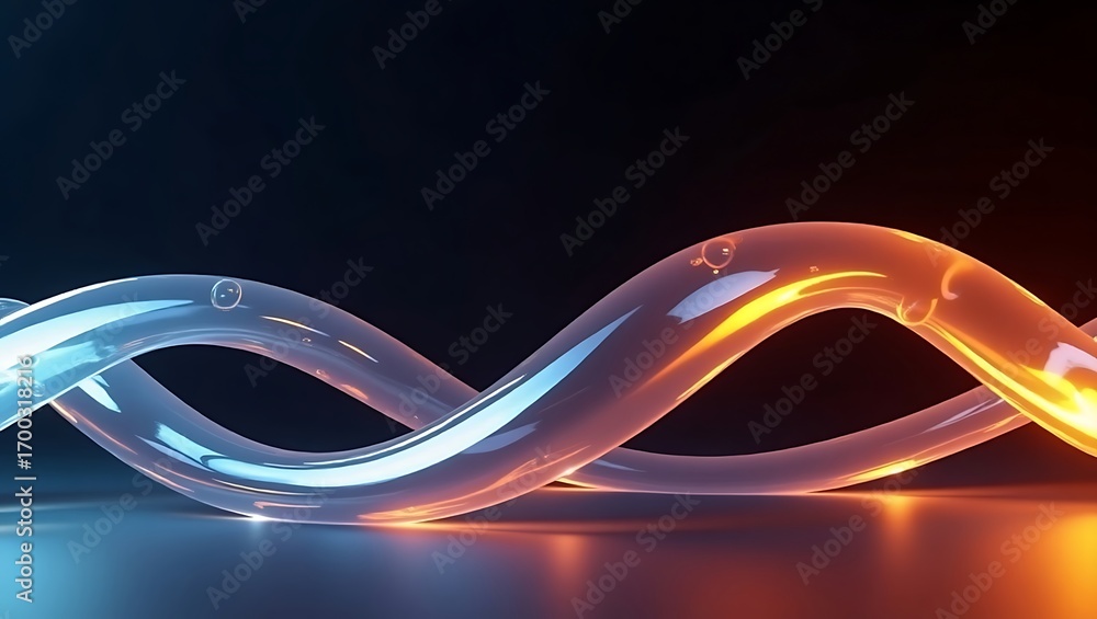 Poster abstract flowing glass wave with duotone lighting. a modern 3d design of a transparent ribbon in blu