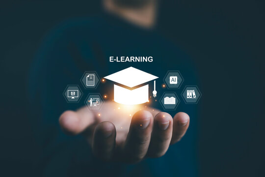 E-learning concept with digital graduation cap icon, representing online education, virtual classrooms, AI learning tools, distance learning, and modern digital education platforms E-learning online - Powered by Adobe