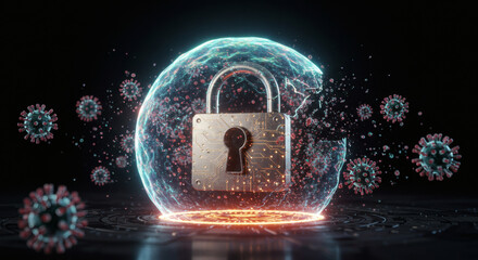 Secure digital defense concept A padlock within a vibrant energy shield, repelling viral threats, symbolizing robust cybersecurity and data protection against modern vulnerabilities