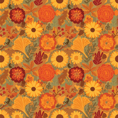 Autumn floral pattern with colorful fall leaves and flowers in warm tones, patern seamless, Stock royalty.