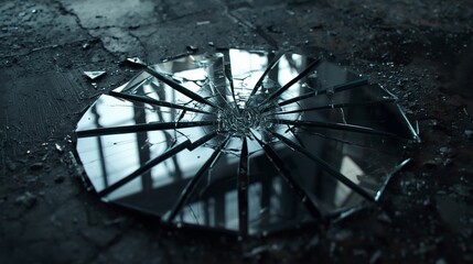 Broken glass shattered mirror fragments sharp pieces destruction damage accident vulnerability fragility loss