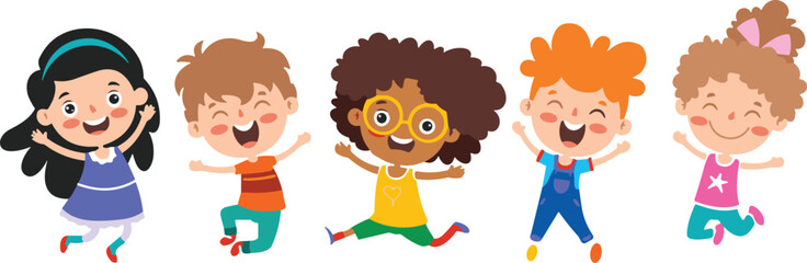 Group of cartoon children, diverse happy kids jumping, joyful celebration, friendship, playful childhood illustration, smiling faces, fun energy