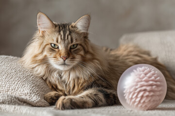 fluffy cat lounging comfortably on cozy couch with playful toy in its paws exuding tranquility