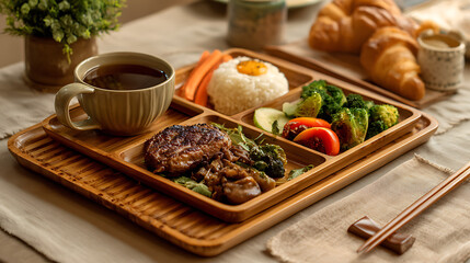 A traditional japanese bento box with compartments filled with rice grilled fish pickles and veg
