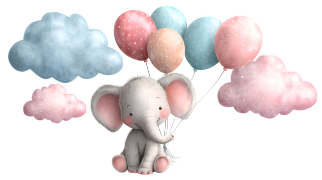Baby Elephant with Balloons, isolated on transparent background