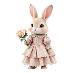 Obraz premium Cute bunny in a dress holding a bouquet of flowers.