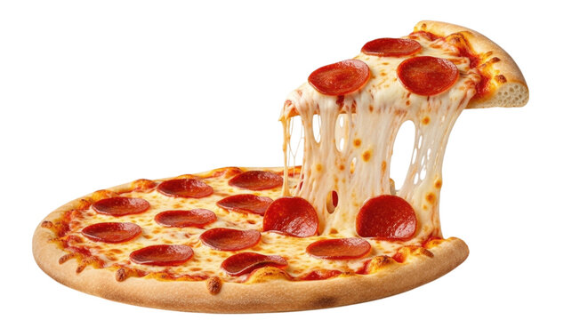 Delicious pepperoni pizza with melted cheese and a crispy crust cutout isolated on transparent bg, png