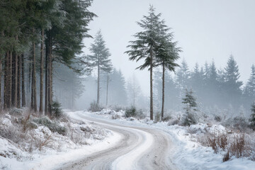 tranquil winter road winds through snowy forest where towering fir trees stand tall