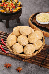 Golden Traditional Sweets in Basket with Spicy Curry and Star Anise - Authentic Ethnic Food Preparation