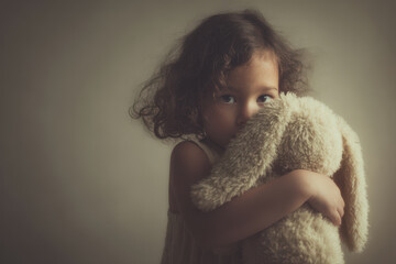 small girl with trembling lips hugging soft toy while sitting against clean solid background