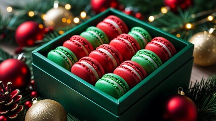 Christmas macaroons in a gift box on bokeh holiday background