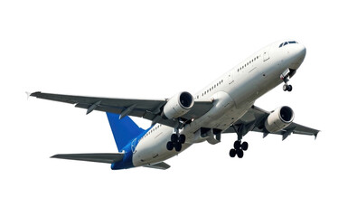 Airplane flying against white sky cutout isolated on transparent bg, png