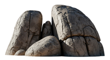 Large weathered rock formations stacked together in a natural arrangement cutout isolated on transparent bg, png