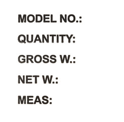 Shipping carton marking template with text MODEL NO., QUANTITY, GROSS WEIGHT, NET WEIGHT, MEASUREMENT. Black stencil letters isolated on transparent background for packaging