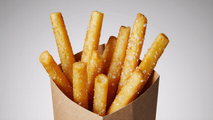 French fries in a plain kraft carton on a light warm gray background, eye-level studio shot with crisp detail and soft contact shadow