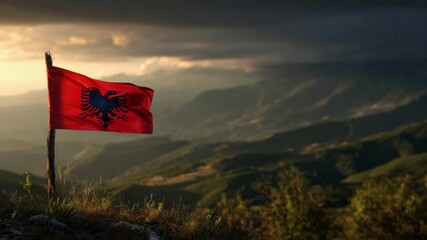 The Albania flag flutters in the wind, celebrating Independence Day with majestic mountains and nature surrounding it.