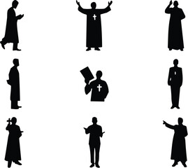 Religious figure silhouette collection, black spiritual icons, preaching poses, prayer gestures, vector illustration, clergy design, faith, devotion