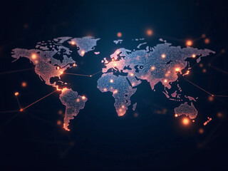 Vector illustration of a glowing global digital network, connected nodes and glowing lines forming a world map, metallic spheres as nodes, futuristic tech design