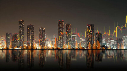Naklejka premium Urban finance concept: A nighttime cityscape with superimposed stock market chart patterns reflecting on water. Growth meets metropolis.