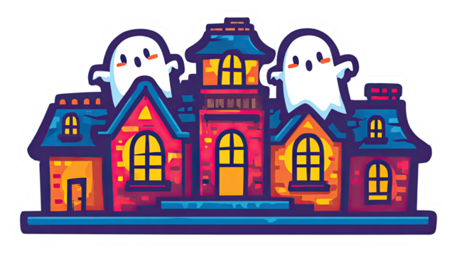Cute Kawaii Haunted House Sticker with Friendly Ghosts and Vibrant Colors