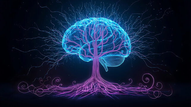 digital illustration of glowing brain with neural branches and tree roots on dark background