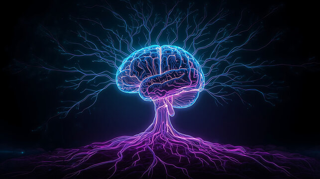 digital illustration of glowing brain with neural branches and tree roots on dark background