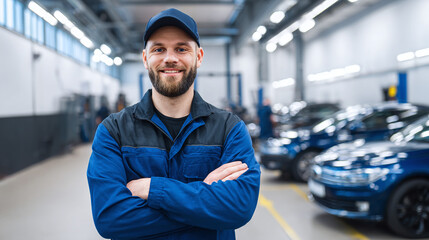 Friendly mechanic in blue uniform standing in a car repair shop with arms crossed, offering reliable automotive service and vehicle maintenance.