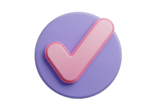 Pink check mark on purple oval isolated on transparent background