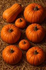 Assorted pumpkins on straw—rustic autumn harvest scene for fall events, Halloween promos, or Thanksgiving decor.