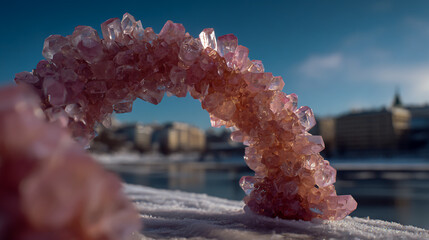 Pink crystals form the shape of an arch on ice, creating a pink crystal water pipe that flows into Lake Magenta in front of snowy city buildings