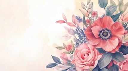 Watercolor floral arrangement with poppy and rose accents on a soft backdrop