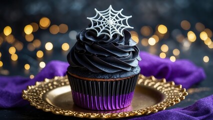 Halloween chocolate cupcake topped with black color frosting and spider web 