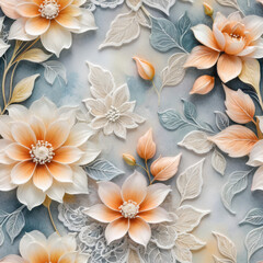 Seamless embossed floral pattern with delicate peach and white blooms on a soft blue background for elegant textile and wallpaper designs