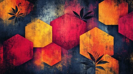 Vibrant, textured hexagon pattern with abstract botanical elements