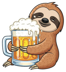 Cartoon sloth holding a large glass of beer with foam.