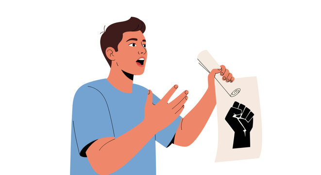 A Determined Activist: A young man with passionate expression holds up a protest sign depicting a raised fist, ready to voice his convictions and inspire change.