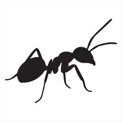 Black silhouette of a single ant with antennae and legs on a white background