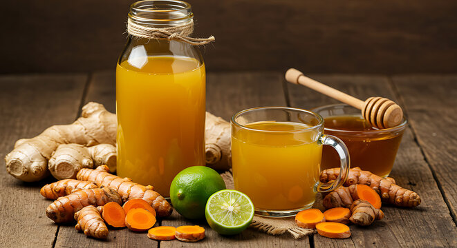 "A glass bottle and cup filled with traditional Indonesian jamu, a turmeric-based herbal drink, surrounded by fresh turmeric roots, ginger, lime, and honey on a rustic wooden surface. The golden-yello