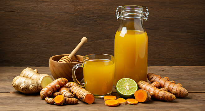 "A glass bottle and cup filled with traditional Indonesian jamu, a turmeric-based herbal drink, surrounded by fresh turmeric roots, ginger, lime, and honey on a rustic wooden surface. The golden-yello