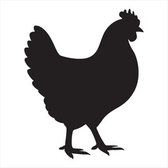 Black silhouette of a chicken standing on a white background isolated